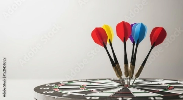 Obraz Several colorful darts stuck in the bullseye of a dartboard. Success in business or sports achievement concept.