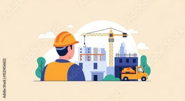 Fototapeta Construction Worker Overseeing Modern Building Project Crane, Truck, and Building Under Construction