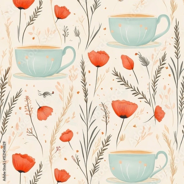 Fototapeta Elegant seamless pattern with the beautiful red poppy, tea cups, wheats and tiny leaves	
