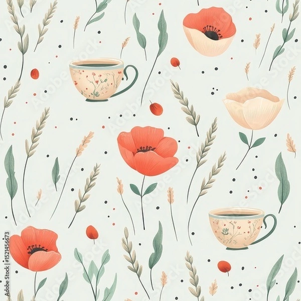 Fototapeta Elegant seamless pattern with the beautiful red poppy, tea cups, wheats and tiny leaves	