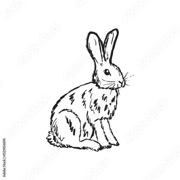 Fototapeta A single rabbit, hare wild animal sitting in black brush stroke texture isolated on white. Hand drawn vector sketch illustration in vintage charcoal ink. Forest animal design, wild nature.
