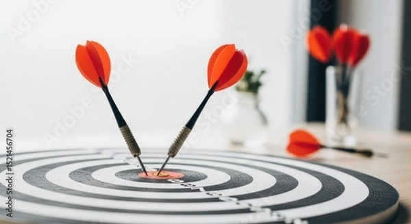 Obraz Two red darts hit the bullseye of a target, symbolizing success. Achieved goals concept with precision and accuracy.