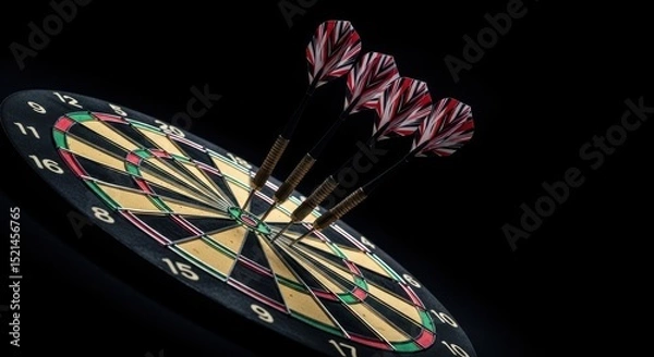 Obraz Three darts hit bullseye on a dartboard. Concept of achievement and goal success. Perfect for sports and hobby designs.
