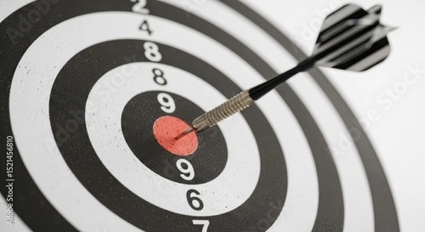 Obraz Dart in bullseye on dartboard with black and white rings. Precision target and accuracy concept for achievement and success.