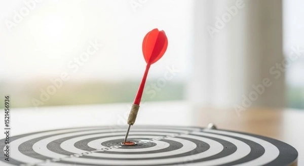 Fototapeta Red dart pin hit bullseye on dartboard, concept of accurate target achievement and successful business strategy