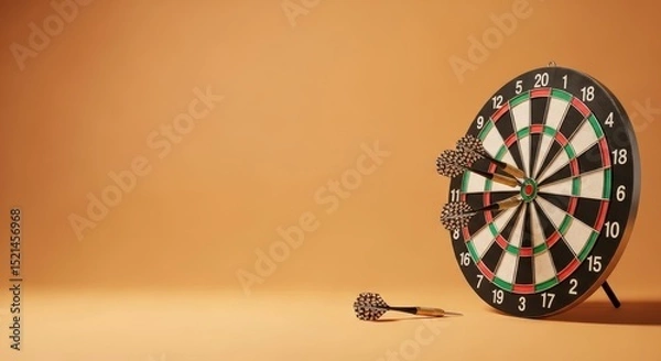 Obraz Darts board with multiple darts stuck in the target area and one dart on the floor, on a solid background layout. Board game.