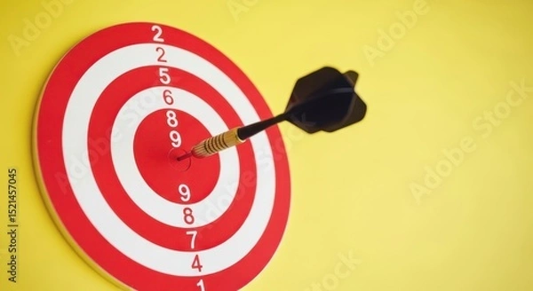 Obraz A dart hitting bullseye on a red and white dartboard with numbers. Concept of target success and ambition for business.