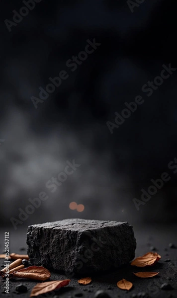 Fototapeta Black Charcoal Stone with Autumn Leaves on Dark Smoky Background