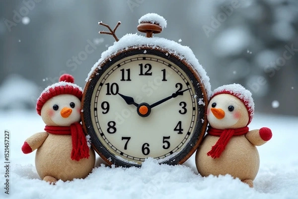 Fototapeta Charming Snowmen with Clock Surrounded by Snowy Winter Wonderland
Keywords: