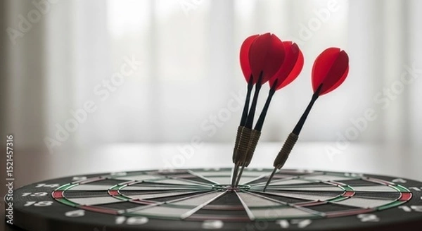 Obraz Three red darts stuck in the bullseye of a dartboard, symbolizing success and accuracy. Target achievement concept.