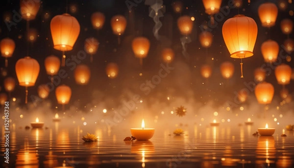 Fototapeta Serene Floating Lanterns and Candles on Water with Misty Background