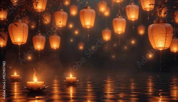 Fototapeta Serene Floating Lanterns and Candles on Water with Misty Background