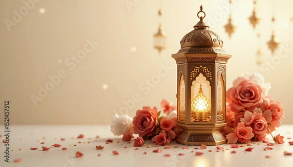 Fototapeta Elegant Lanterns with Warm Light and Rose Petals on Soft Background