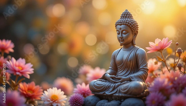 Fototapeta Serene Buddha Statue Surrounded by Colorful Flowers and Soft Light