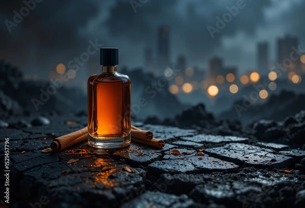 Fototapeta Mysterious Fragrance Bottle with Cinnamon Sticks on Dark Urban Setting