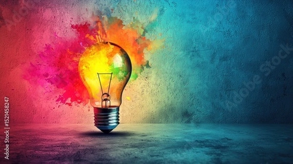 Fototapeta A vibrant light bulb with colorful splashes of paint on a textured, colorful background.
