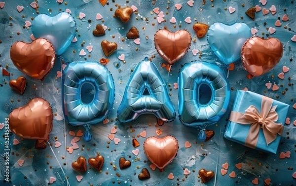 Fototapeta Colorful balloon decoration celebrating Father’s Day with hearts and a gift on a festive background