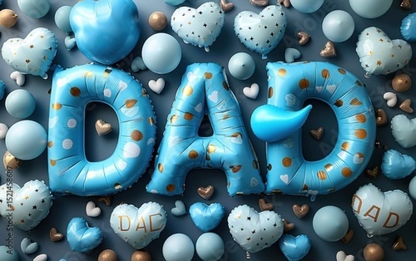 Fototapeta Colorful birthday celebration with blue and gold decorations for dad featuring balloons and hearts
