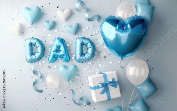 Fototapeta Celebratory decorations with blue balloons and confetti for a special occasion honoring dad