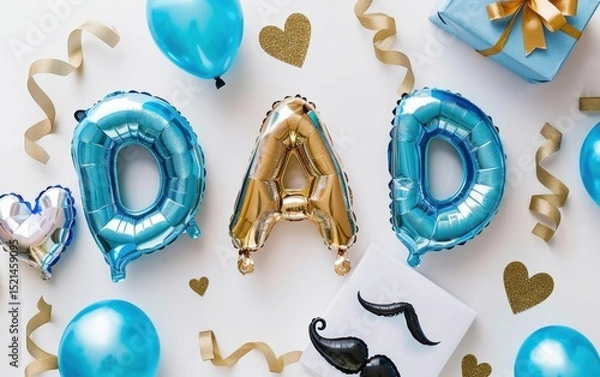 Fototapeta Colorful celebration decorations for Father's Day featuring balloons and gift wrapping