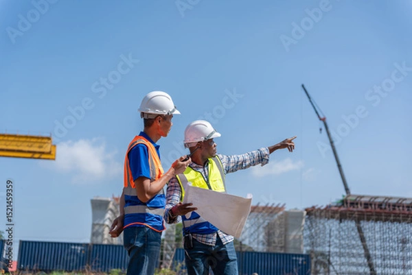 Fototapeta Construction Workers Planning Infrastructure Development, Engineers Discussing Project Progress at Construction Site, Civil Engineers in Safety Gear at Industrial Building Site
