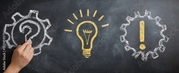 Fototapeta The creative process illustrated with question mark, light bulb, and exclamation mark.