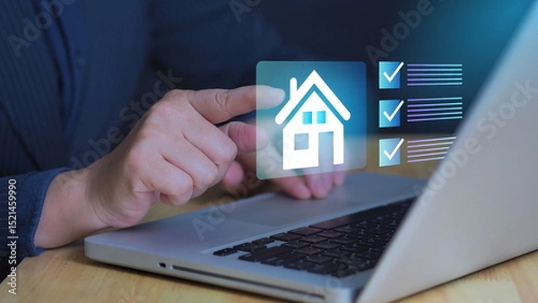 Fototapeta Real estate management,user managing real estate tasks with a laptop, accessing digital checklists and tools for streamline housing evaluations, investment planning, and transaction processes.