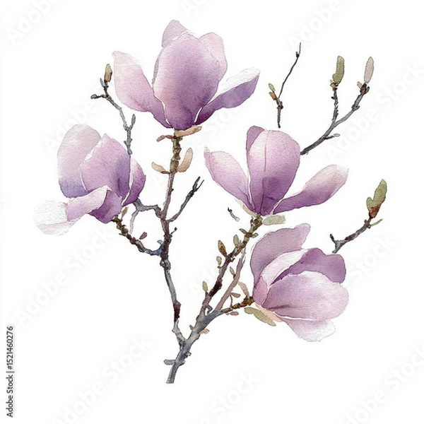 Fototapeta Watercolor magnolia branch, gentle, elegant on white background	

