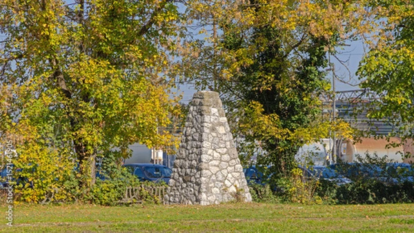 Fototapeta Memorial Stone Pyramid Shape at Railway Station in Slavonski Brod Croatia