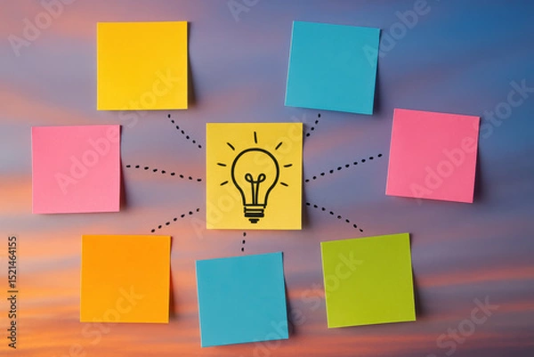 Obraz A strategic concept illustrated by colorful notes connected to a central idea symbolizing creativity and planning in business
