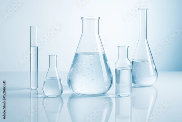 Obraz Innovation and precision come together as transparent glass vessels hold clear liquid symbolizing clarity and careful experimentation in a modern lab environment
