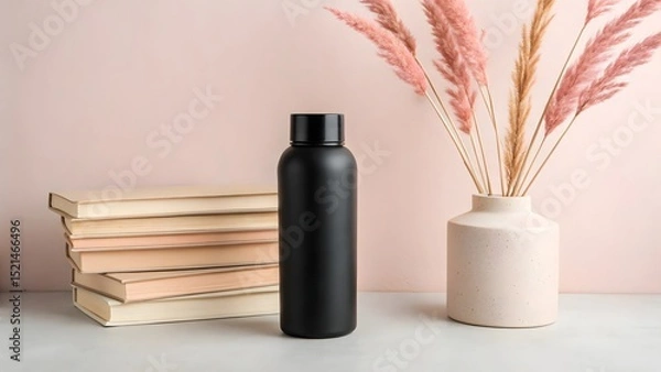 Fototapeta A matte black bottle with a black lid sits on a light beige surface against a pale pink background
