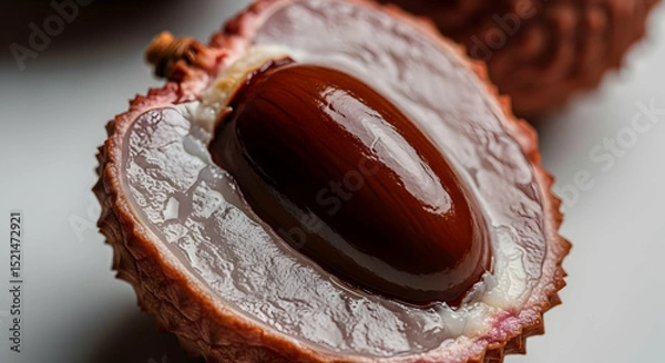 Fototapeta Exotic Lychee Fruit Section Revealing Juicy Pulp And Gleaming Seed
