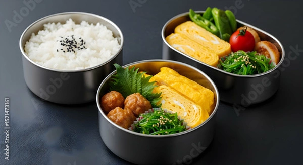 Fototapeta Japanese Bento Boxes With Rice Rolled Omelet And Variety Of Side Dishes