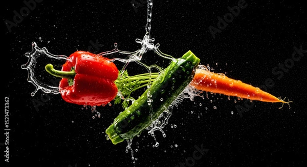 Fototapeta Fresh Vegetables In Water Splash With Black Background Studio Shot