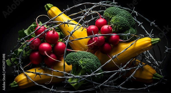 Fototapeta Contrasting Elements: Fresh Vegetables Intertwined With Barbed Wire Still Life