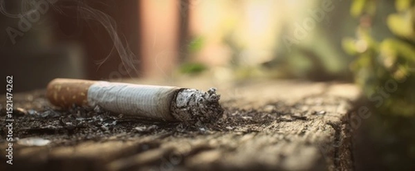 Fototapeta The cigarette smoldering on a weathered wooden surface in soft sunlight