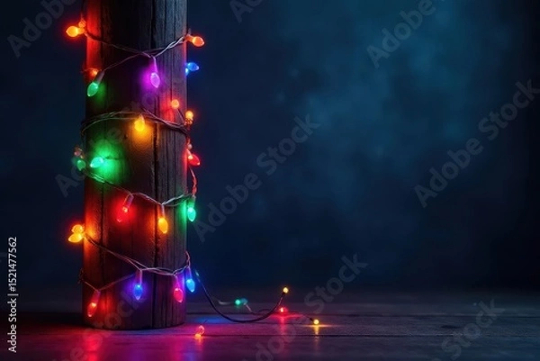 Fototapeta Colorful LED string lights wrapped around a wooden post against a dark textured background, led string lights, nature, fairy lights