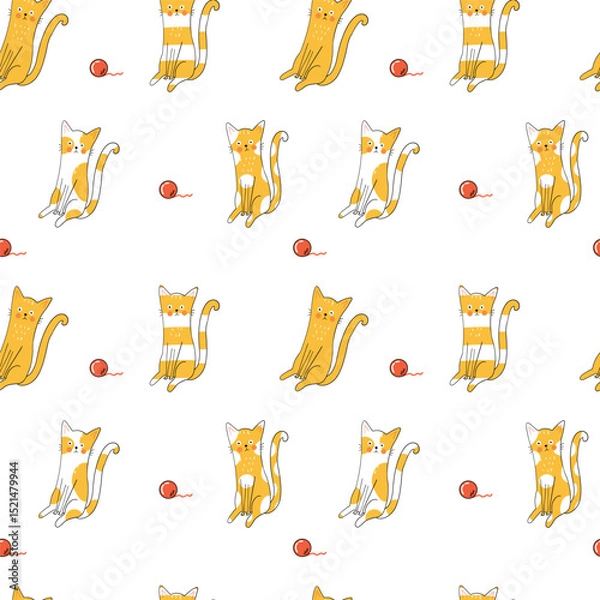 Obraz Funny cats with a surprised expression in playful doodle style, seamless pattern. Hand drawn illustration. Yellow joyful color palette with red accents
