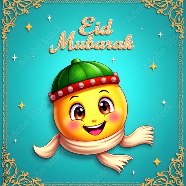 Fototapeta  Happy Emoji Wearing Head Covering with Eid Mubarak Text