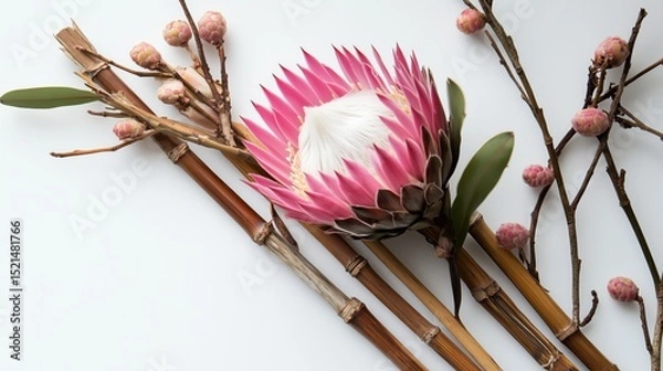 Fototapeta Vibrant Pink King Protea Flower Surrounded by Bamboo Stalks and Delicate Dried Berries Artfully Arranged in a Natural and Elegant Display