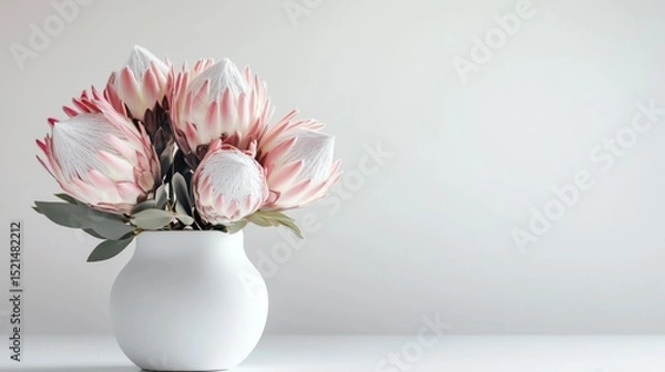 Fototapeta Simple white vase with blush pink and white proteas bouquet against minimalist off-white background creating a serene and elegant atmosphere indoors