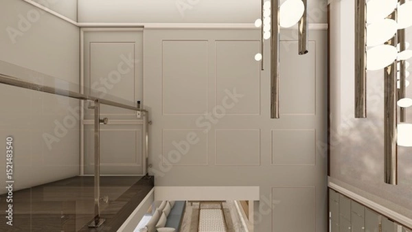 Fototapeta Double height landing with modern pendant lights and panel detailing