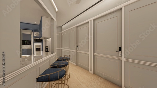 Fototapeta Elegant hallway with kitchen view and breakfast counter seating in soft neutral tones