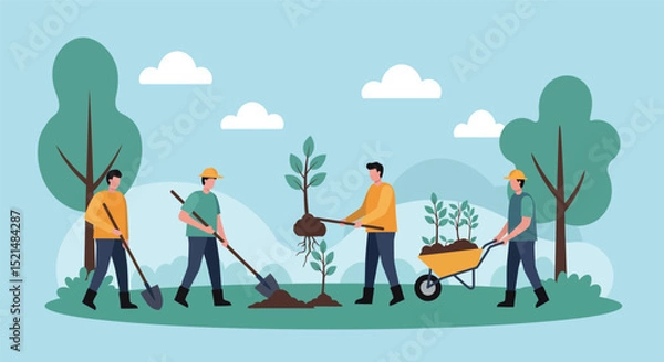 Obraz Community tree planting event in nature park with volunteers working together vector illustration