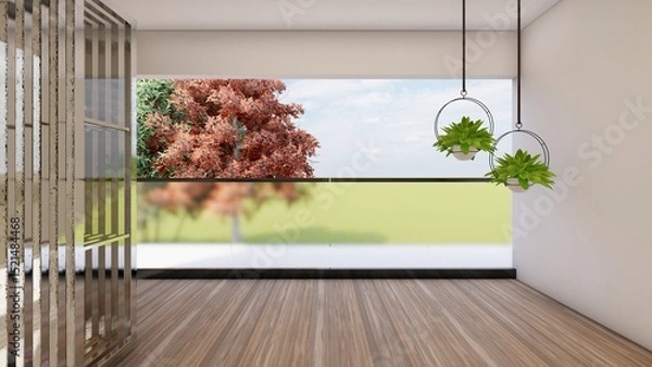 Fototapeta Minimalist balcony with hanging planters and autumn tree view