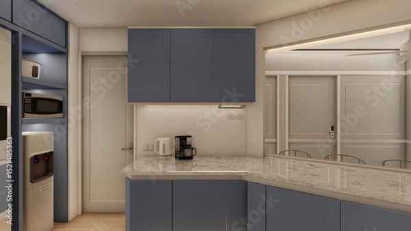 Fototapeta Modern blue modular kitchen with profile lighting and granite Countertop