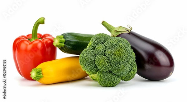 Fototapeta Colorful And Fresh Harvested Vegetables With Zucchini And Broccoli On White