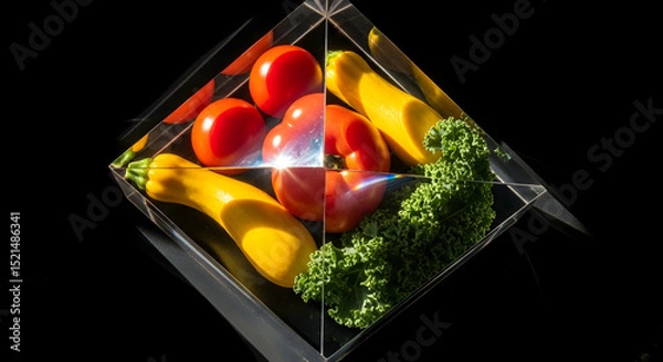 Fototapeta Refraction of Fresh Vegetables Through a Crystal Prism on Black Backdrop