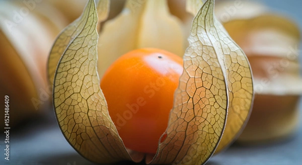 Fototapeta Goldenberry Fruit Enclosed Within its Papery Husk Showing Intricate Vein Details
